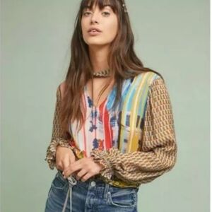 Anthropologie Conditions Apply Colorful Floral Peasant Blouse Sz S
